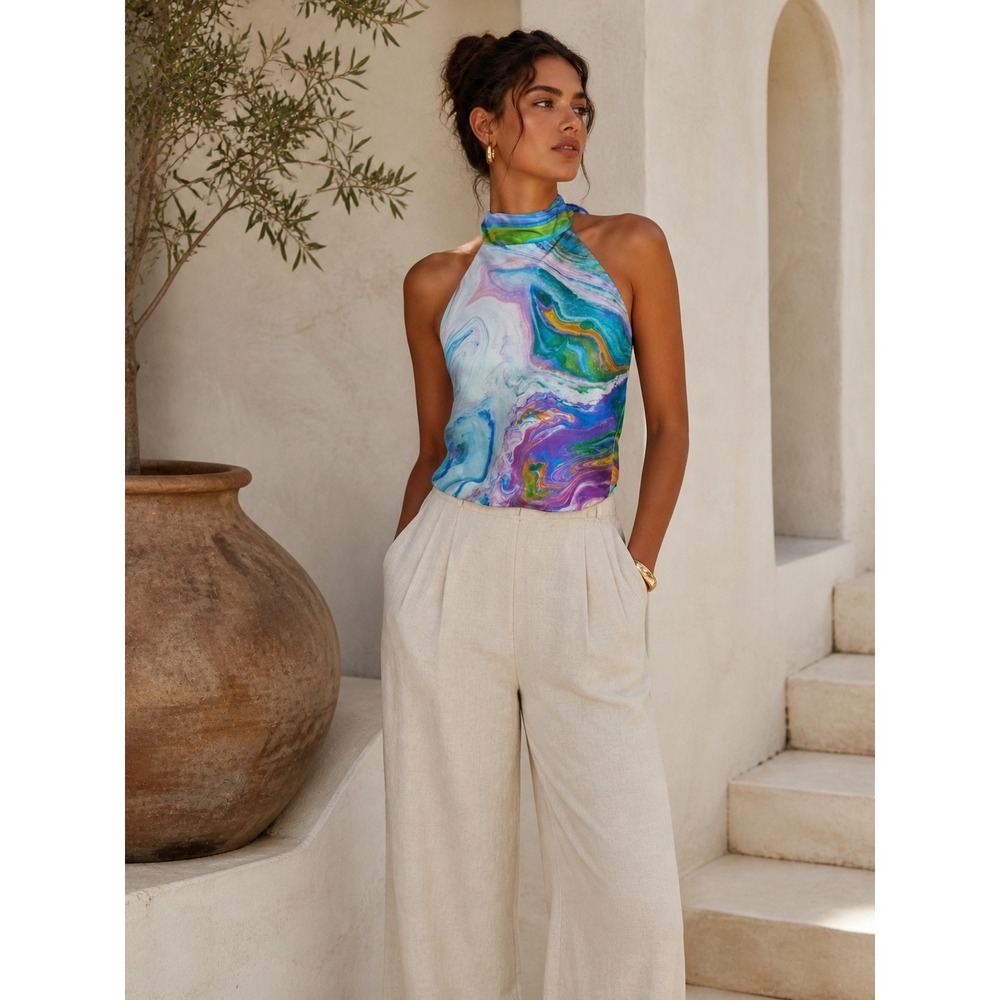 Sigrid Olsen Halter Top Marble Print Colorful Artsy Boho Small - Picture 1 of 6